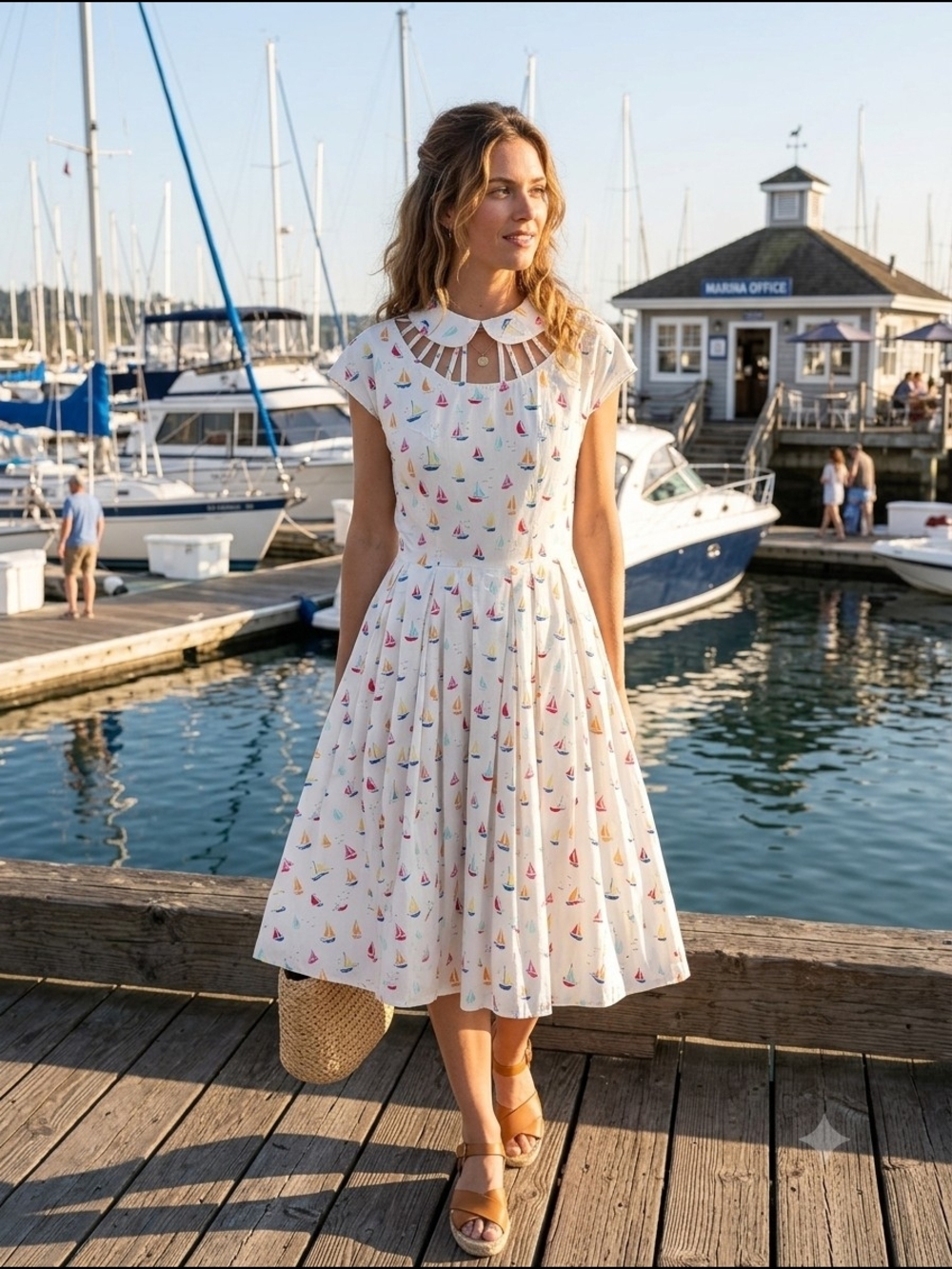 Unique Vintage Modcloth White Sailboat Print Midi Dress NWT